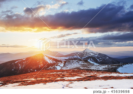 Colorful spring sunset over the mountain ranges in the national park Carpathians. Ukraine, Europe 45639698