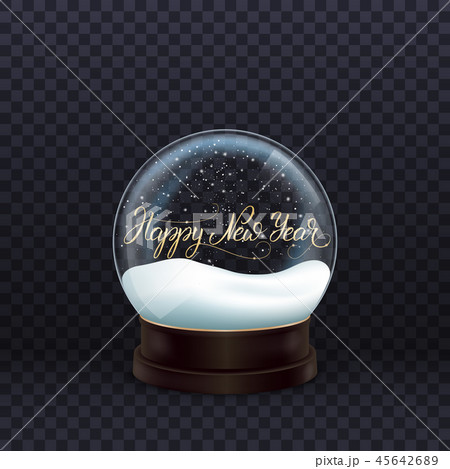Snow globe. Realistic snow globe with gold Happy New Year calligraphy. Crystal ball with snow Snow globe. Realistic snow globe with gold Happy New Year calligraphy. Crystal ball with snow 45642689