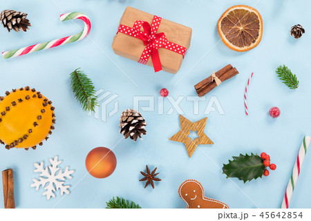 Christmas decorations on pastel color background. Top-down view. 45642854