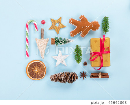 Christmas decorations on pastel color background. Top-down view. 45642868