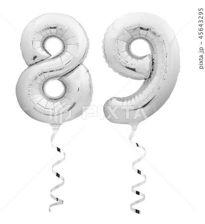 Silver chrome numbereighty nine 89 made of inflatable balloon with ribbon on white 45643295