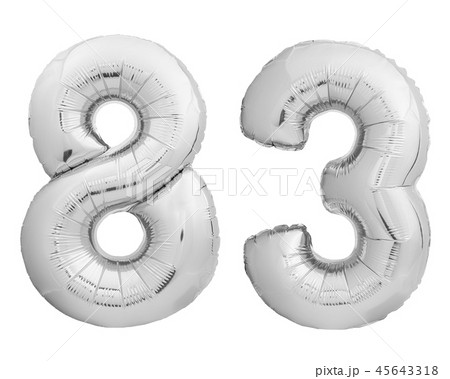 Silver chrome number 83 eighty three made of inflatable balloon on white Silver chrome number 83 eighty three made of inflatable balloon on white 45643318