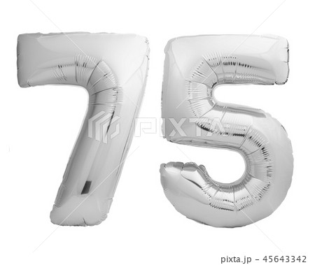 Silver chrome number 75 seventy five made of inflatable balloon on white Silver chrome number 75 seventy five made of inflatable balloon on white 45643342