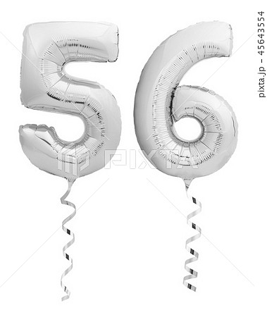 Silver chrome fifty six 56 made of inflatable balloon with ribbon on white 45643554