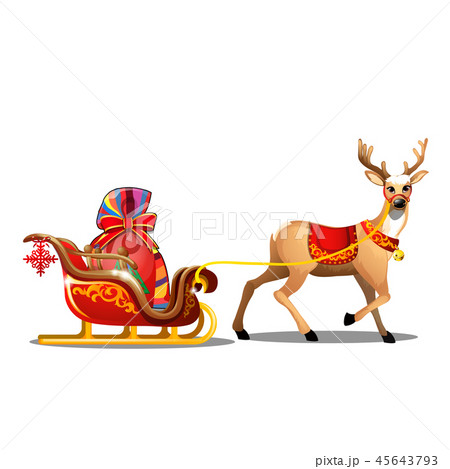 Christmas sketch with animated deer with red blanket and sleigh with bag of Santa Claus with gifts Christmas sketch with animated deer with red blanket and sleigh with bag of Santa Claus with gifts 45643793