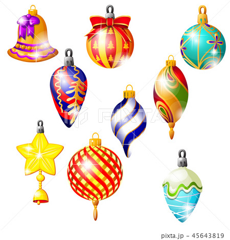 Sketch with Christmas tree decorations different forms isolated on white background. Colorful 45643819
