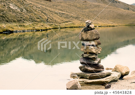 Stones with a high mountain lake in Himachal 45643828