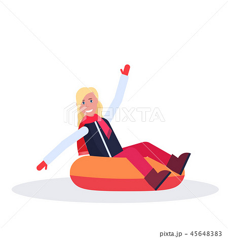 happy woman sledding on snow rubber tube winter vacation activity concept female cartoon character 45648383