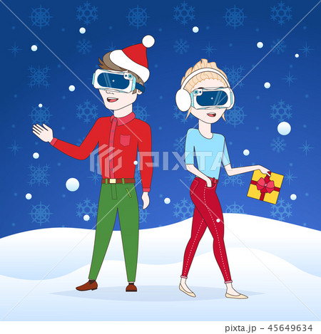 couple wear digital glasses merry christmas happy new year holidays celebration concept flat 45649634