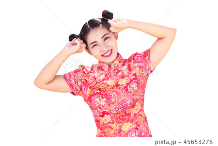 asian lady cute greeting action with red cheongsam asian lady cute greeting action with red cheongsam 45653278