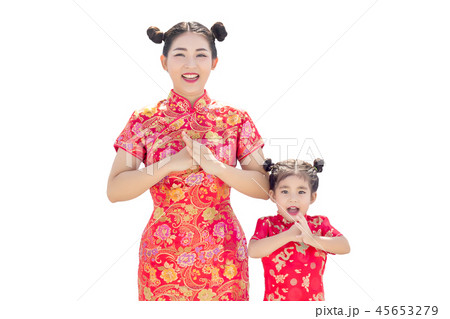 greeting action with red cheongsam dress greeting action with red cheongsam dress 45653279