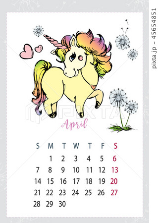 Calendar 2019 with cute unicorn,hand drawn magic horse Calendar 2019 with cute unicorn,hand drawn magic horse 45654851