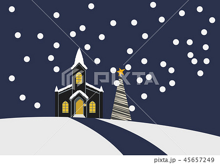 冬の教会のある風景。聖夜の雪景色。宗教建築のイラスト。 45657249