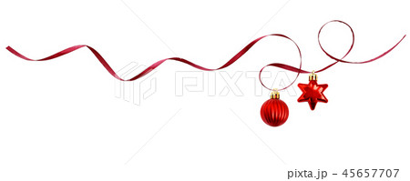 Red silk ribbon and Christmas decorations 45657707