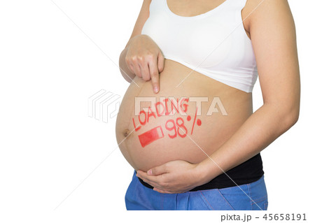 Pregnant Asian Woman with painted brush word - loading and figur 45658191