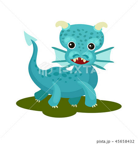 Flat vector icon of blue baby dragon with small wings, horns and long tail. Mythical creature with Flat vector icon of blue baby dragon with small wings, horns and long tail. Mythical creature with 45658432