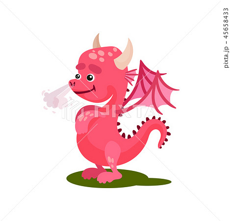 Cute pink dragon with steam from the nose. Mythical creature with small wings, horns and long tail 45658433
