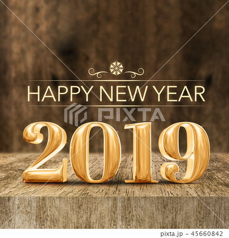Gold shiny Happy New year 2019 at wood table 45660842