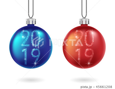 Set of shiny Christmas red and blue ball isolated. Sparkling glitter bauble with 2019 text 45661208