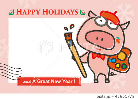 かわいい亥年年賀状 New Year Greeting Card With Cute Pigのイラスト素材