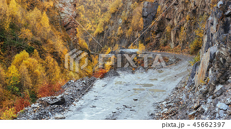 golden autumn landscape between the rocky mountains in Georgia. Stone road. Europe 45662397