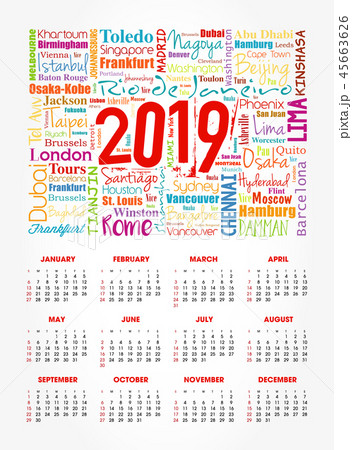 Calendar for 2019 year, travel cities word cloud 45663626