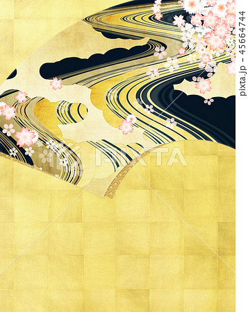 和 和風 和柄 背景 金箔 扇 雲 霞 桜 川のイラスト素材