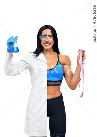 Girl in two occupations of scientist and fitness coach. Girl in two occupations of scientist and fitness coach. 45666216