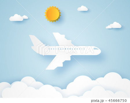 Airplane flying in the sky , paper art style 45666750