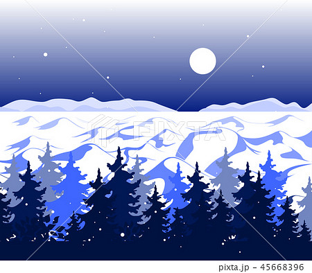 Winter panoramic landscape with trees on hills and beautiful mountains in distance. Vector 45668396