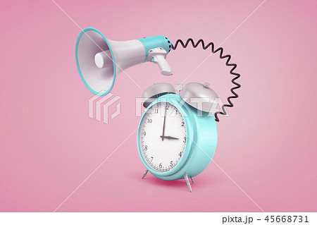 3d rendering of blue retro alarm clock connected to a megaphone with a black cord on a pink 45668731