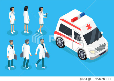 Nurse and Doctor Near Ambulance Car Color Banner 45670111