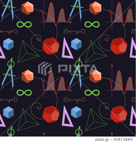 Mathematis symbols, geometrical shapes and school supplies seamless pattern on dark blue background. Mathematis symbols, geometrical shapes and school supplies seamless pattern on dark blue background. 45673664