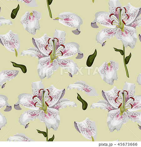 Beautiful oriental lily flowers, leaves and petals on pastel green background sramless pattern. 45673666