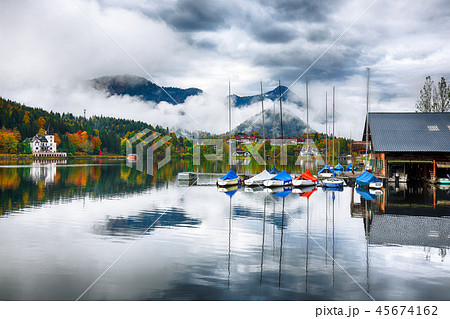Misty morning on the lake Grundlsee Alps Austria  45674162