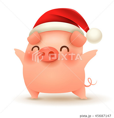 Little Pig With Christmas Santa Red Cap のイラスト素材