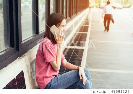 women are talking on smartphone and technology. 45691122