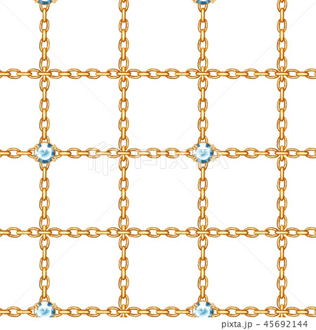 Seamless pattern with crossed golden chains and blue round gemstones Seamless pattern with crossed golden chains and blue round gemstones 45692144