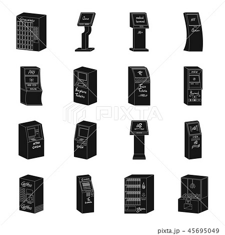 Variety of terminals black icons in set collection for design. ATM and trading device vector symbol Variety of terminals black icons in set collection for design. ATM and trading device vector symbol 45695049
