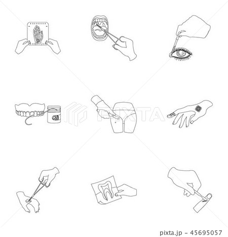 Anesthetic injection, examination of the tooth and other web icon in outline style. wound treatment 45695057