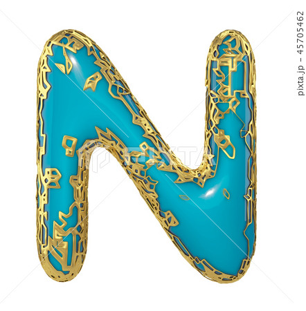 Golden shining metallic 3D with blue paint symbol capital letter N - uppercase isolated on white. 3d 45705462