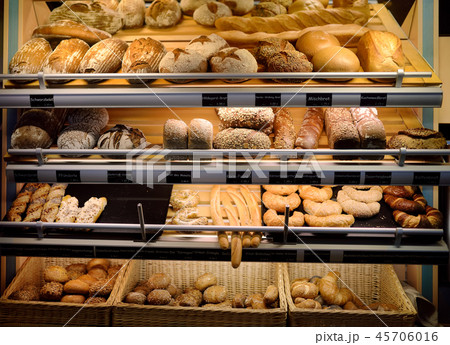 Freshly baked gourmet breads for sale in bakery 45706016