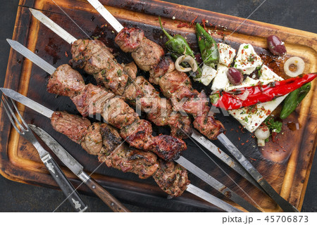 Traditional Shashlik with Salad and Yufka Bread Traditional Shashlik with Salad and Yufka Bread 45706873