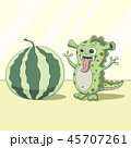 Dragon looking at watermelon. Cartoon green alien 45707261