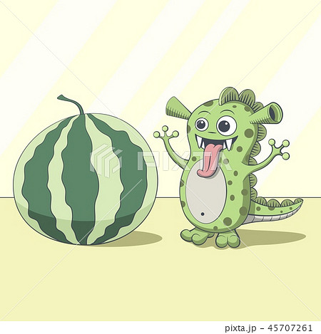 Dragon looking at watermelon. Cartoon green alien Dragon looking at watermelon. Cartoon green alien 45707261