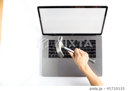 Lap top topview with hands on white background  45710135