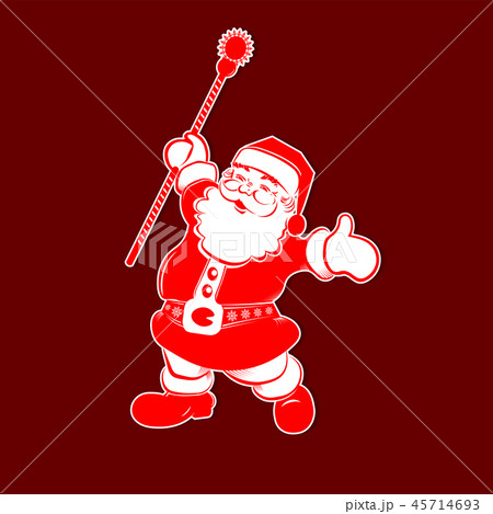 Christmas red white silhouette of Santa Claus with staff raised up. 45714693