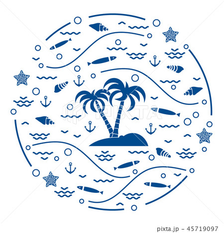 fish, island with palm trees, anchor, waves, 45719097