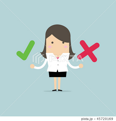 Businesswoman with right and wrong signs. Businesswoman with right and wrong signs. 45720169