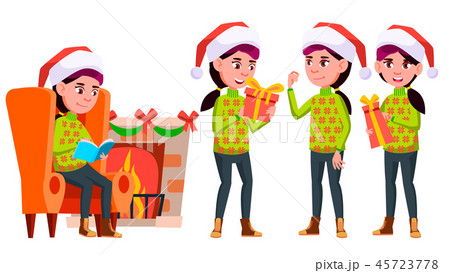 Girl Schoolgirl Kid Poses Set Vector. High School Child. High School. Young People, Face, Cheerful 45723778